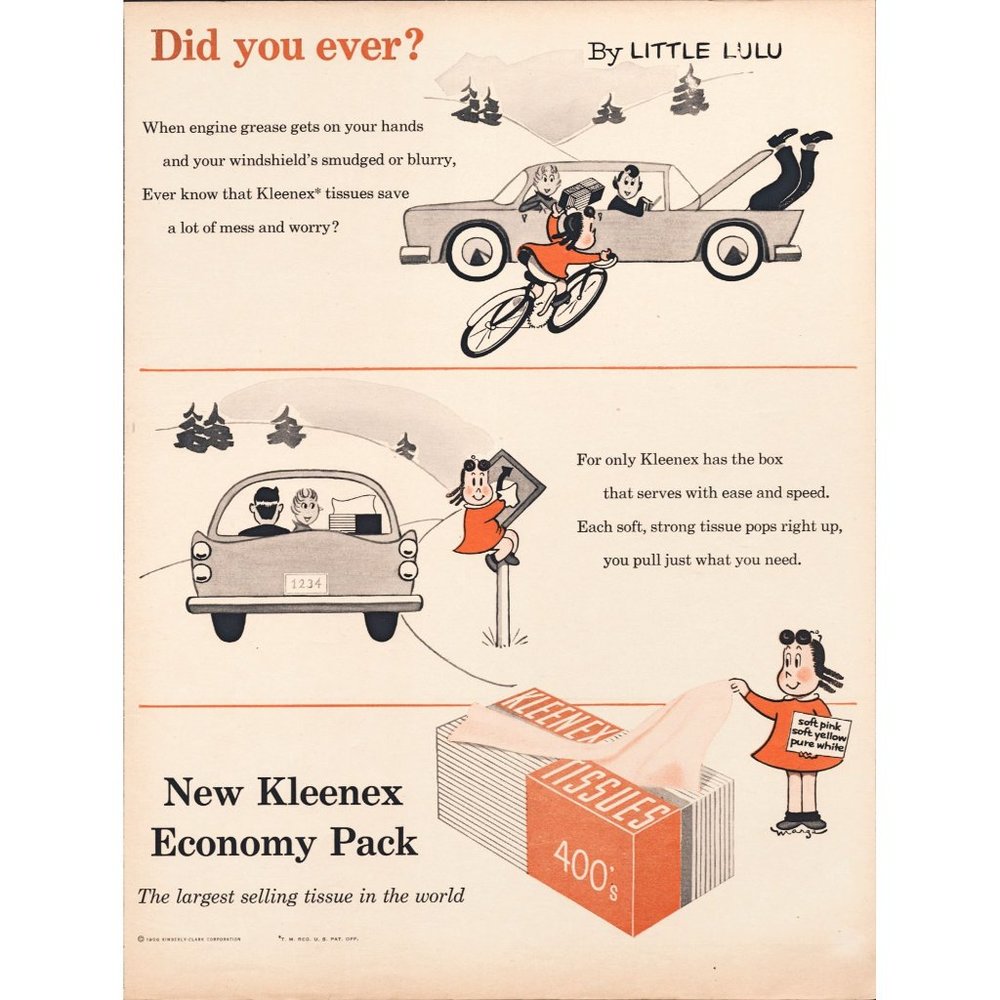 1956 Kleenex Economy Pack Vintage Print Ad Cartoon Drawing Car Road Trip Art 50s